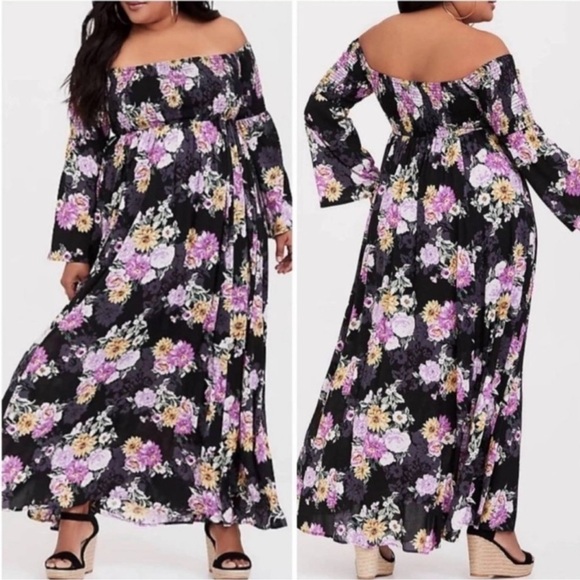 New‎ Torrid Black Floral Challis Off Shoulder Maxi Dress Size 4X Smocked - Picture 1 of 8